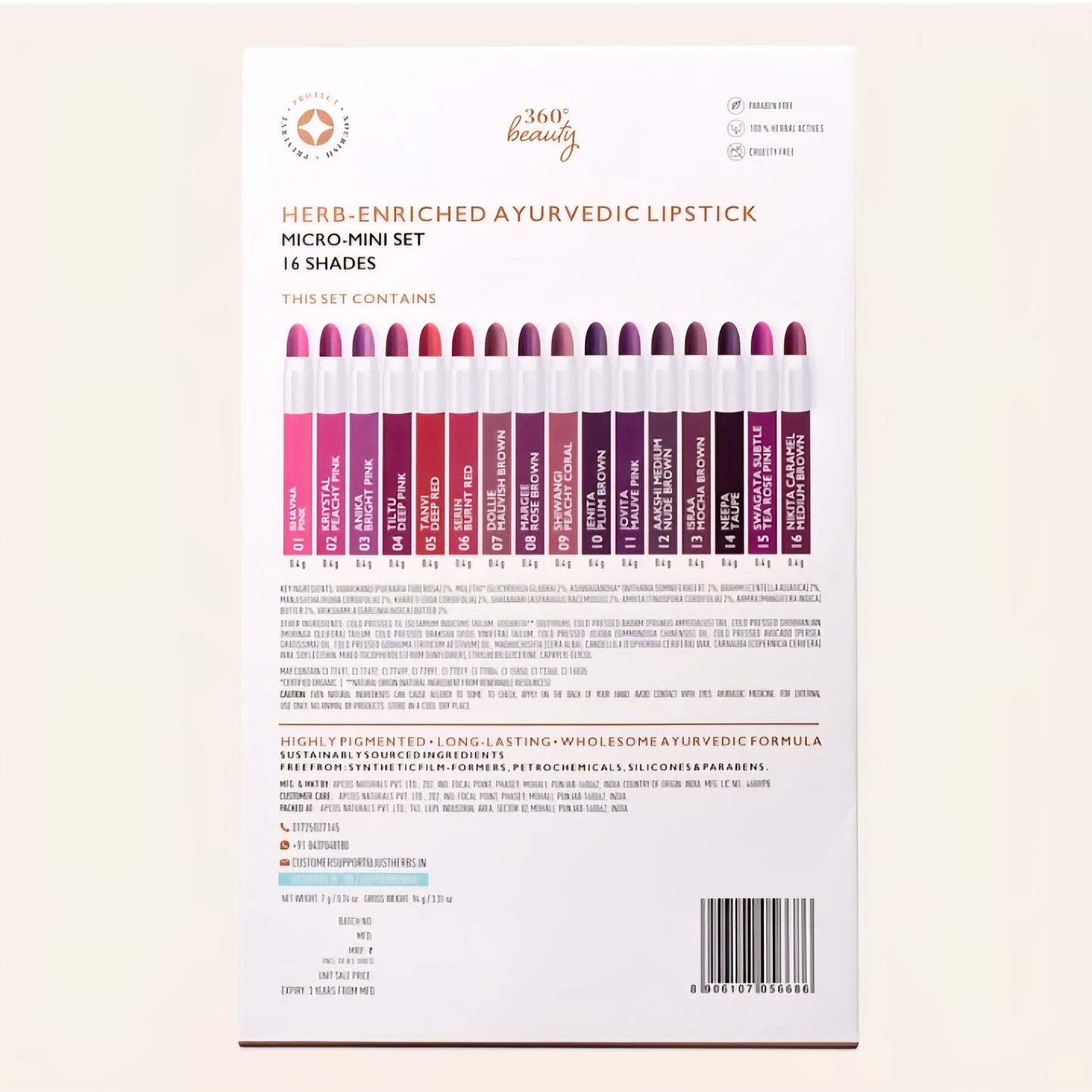 Just Herbs Herb-Enriched Ayurvedic Intense Colour Micro Mini Lipstick Set - 16 Shades (Multicolor, 7 g).