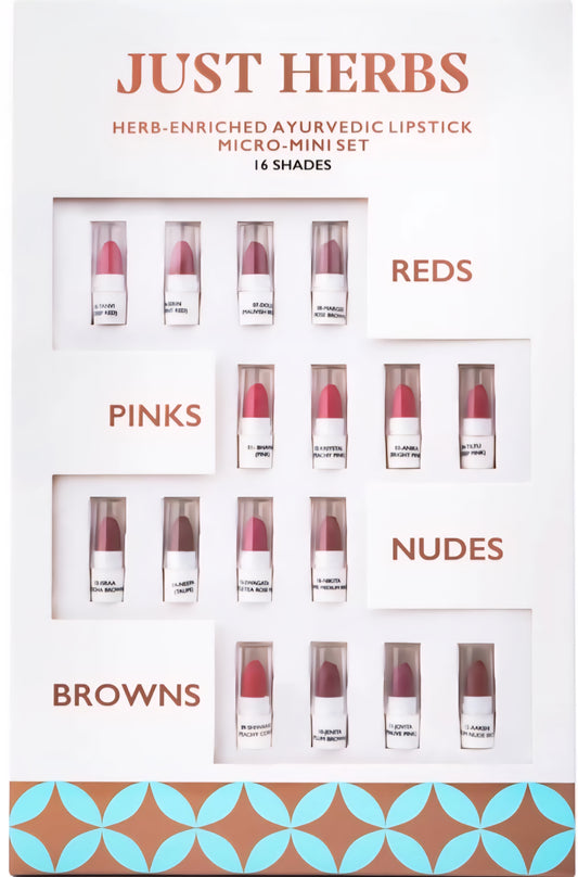 Just Herbs Herb-Enriched Ayurvedic Intense Colour Micro Mini Lipstick Set - 16 Shades (Multicolor, 7 g).